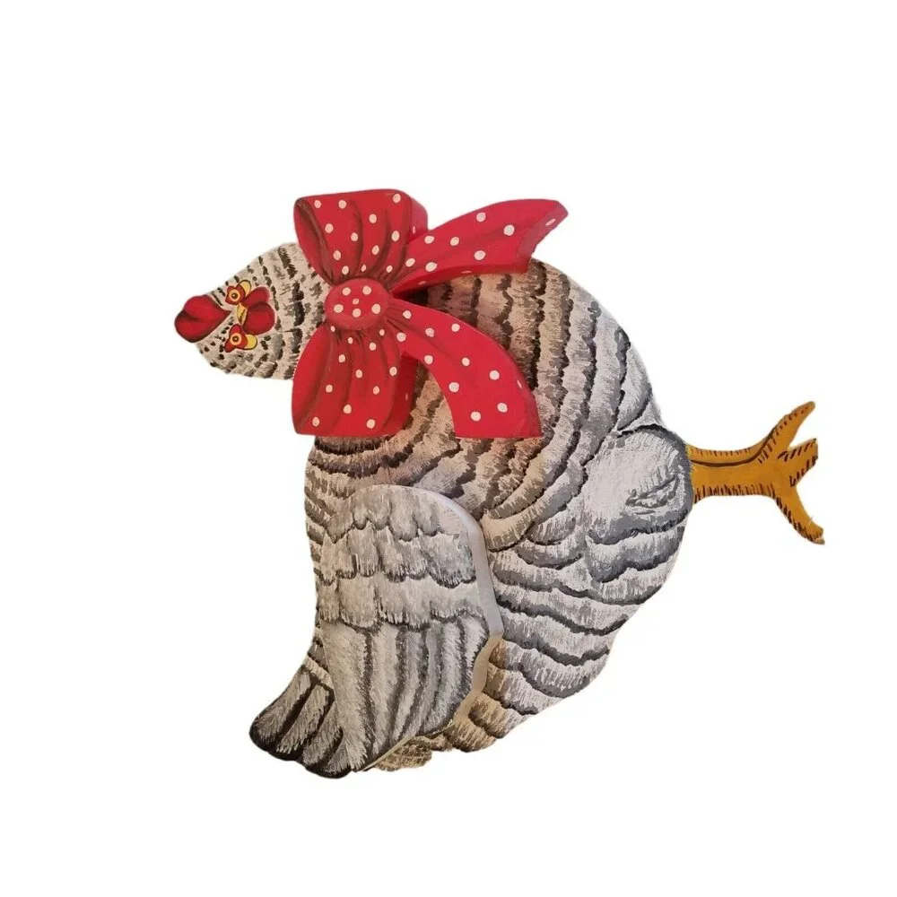 Handmade Wooden Chicken Wall Hanging Farmhouse Hen Red Polka Dot Bow White Black